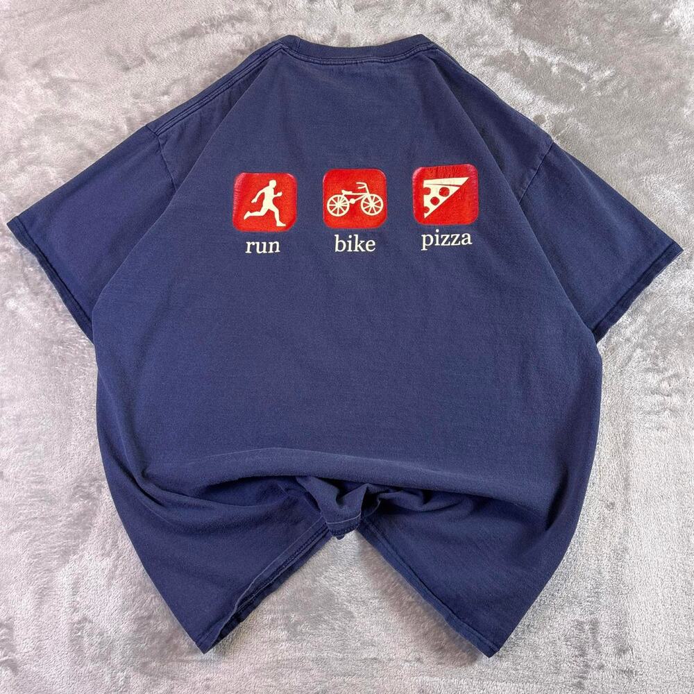 Port & Company Run Bike Pizza Graphic Tee Blue Funny T Shirt XL